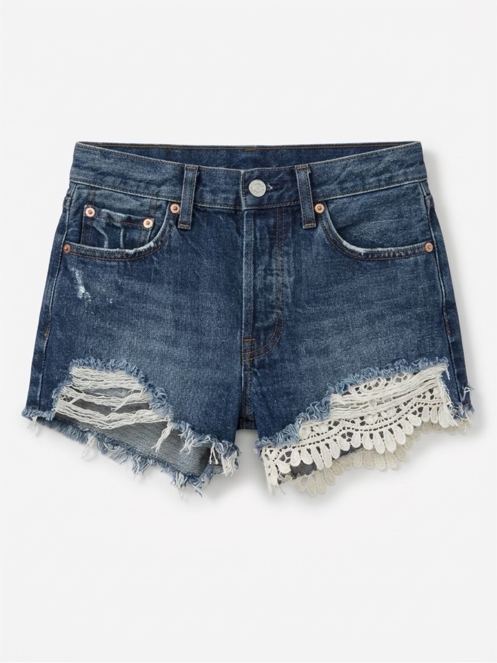Free people size 25 Distressed Lace-Trim Denim Shorts - Blue .